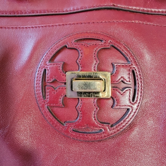 TORY BURCH Women Red Leather Slink Tote Bag Double Handle Sz Large Office Travel - Picture 4 of 12